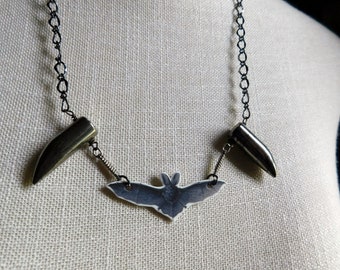 Dracula- Once Bitten. Pyrite fang and bat necklace. Halloween Costume Jewelry  #FestiveEtsyFinds