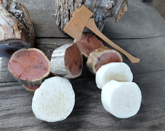 LuMberJacK StacK. " Woodjack" Scent Set of 3 Replica Wood Slice Soap Bars Vegan Bath, Body, Shaving Soap Handmade Artisan Organic Cut Log