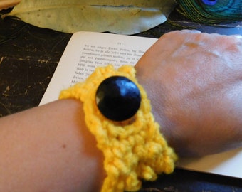 Yellowjacket. Sunshine yellow crocheted bracelet. spaghetti strap multi strand boho ooak cuff bracelet with black button  #FestiveEtsyFinds