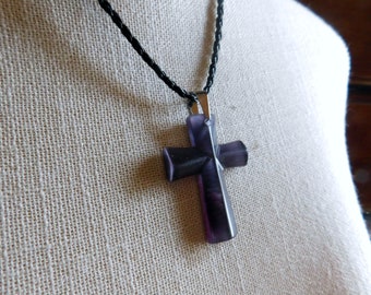 Sister Christian. Dusty Purple Cat's eye Selenite Cross crucifix large pendant & braided faux leather cord Gothic boho necklace