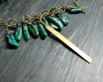 Pine Needles. Genuine Malachite stone cluster & slender brass paddle drop pendant necklace  #FestiveEtsyFinds