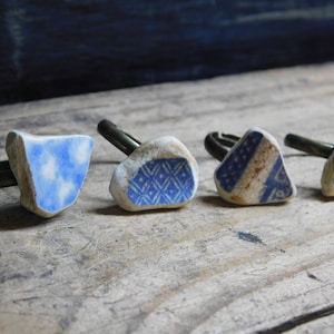 The English Tea Ring. Cocktail ring. Costume ring. Genuine English sea pottery ring. Delft Blue Porcelain, china, and antiqued brass ring