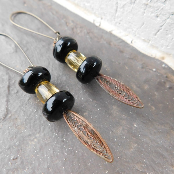 The Stinger Earrings. Bee inspired Black Glass, Citrine & antique bronze filigree point dangles  #FestiveEtsyFinds