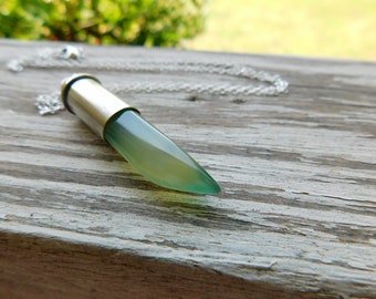 Bite the bullet Necklace. - Absinthe Green Agate talon and upcycled 357 Magnum bullet shell necklace. Unisex  #FestiveEtsyFinds