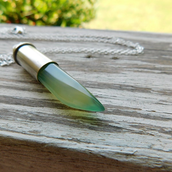 Bite the bullet Necklace. - Absinthe Green Agate talon and upcycled 357 Magnum bullet shell necklace. Unisex  #FestiveEtsyFinds