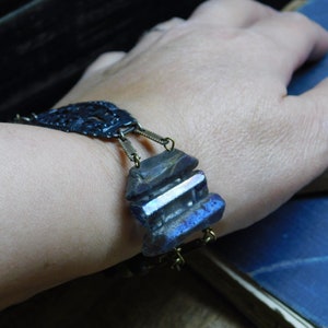 The Hela Bracelet. ROugh Raw Cobalt Blue titanium coated quartz , Gothic Black filigree center, and Glass beads one of a kind bracelet cuff image 6