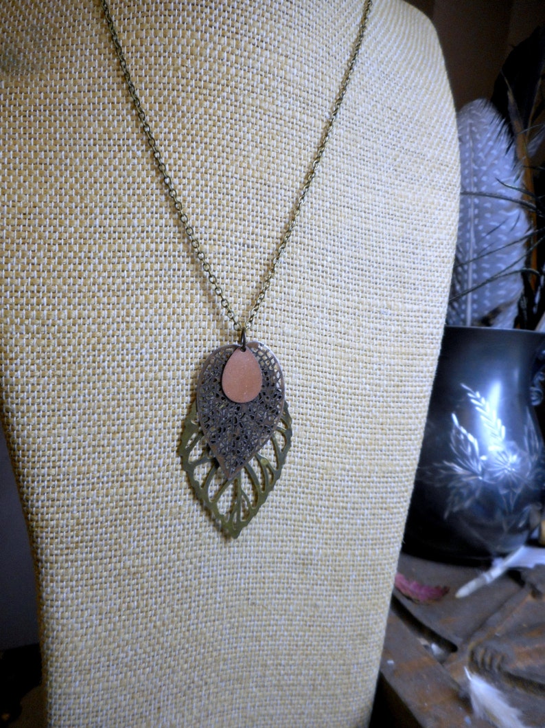 Autumn Foliage. Three Leaf Pendant Necklace. Rustic Boho. Mixed Metals Brass copper bronze. leaf skeleton FestiveEtsyFinds image 5