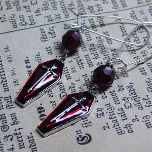 October&#39;s Tale:  Dracula&#39;s Coffin. Earrings-  Tiny red enamel & silver tone coffins with vintage blood red Lucite beads  #FestiveEtsyFinds