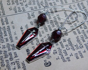 October's Tale:  Dracula's Coffin. Earrings-  Tiny red enamel & silver tone coffins with vintage blood red Lucite beads  #FestiveEtsyFinds