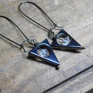 Planchette.  Herkimer Diamond & Hematite open Triangle talisman Earrings. Ouija earrings. Occult dark arts magick amulet  #FestiveEtsyFinds