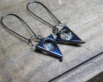 Planchette.  Herkimer Diamond & Hematite open Triangle talisman Earrings. Ouija earrings. Occult dark arts magick amulet  #FestiveEtsyFinds