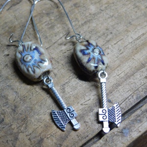 Valhalla Earrings. Ceramic Handmade Viking Sun Beads & Silver Viking Ax Charm . Dangle earrings. Lagartha, Ragnar, VIking Inspired