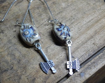 Valhalla Earrings. Ceramic Handmade Viking Sun Beads & Silver Viking Ax Charm . Dangle earrings. Lagartha, Ragnar, VIking Inspired