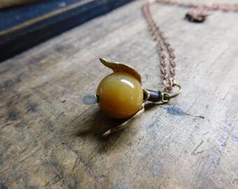 The Elfin Peach. Peach colored Amazonite & golden brass leafy cap with wood roble. Pendant necklace  #FestiveEtsyFinds