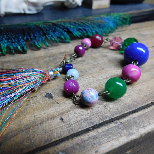 The Ostara Gemstone & Glass Bracelet. Amazonite, Candy Jade, Pink Quartz, Aventurine, Glass, and Silk Tassel Easter / Spring / Boho / Chunky