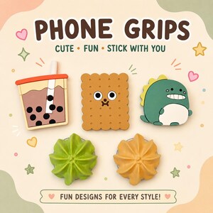 Phone Grips – Bubble Tea, Cookie, Dinosaur, Matcha Swirl Designs