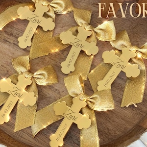 Personalized Gold Mirror Cross Favor Tag: Baptism Christening Keepsake