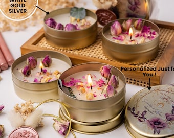 Vela de cera de soja personalizada en lata con flores secas, naranja y canela, recuerdo de boda, despedida de soltera