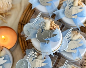 Personalized Baptism Candle Favors: Vanilla Scented, Linen Ribbon