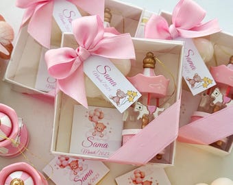 Personalized Carousel Baby Shower Favor: Christening Gift Box with Bubble Candle & Chocolate, Welcome Baby