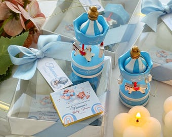 Carousel Baby Shower Favor: Personalized Christening Gift Box with Candle & Chocolate