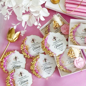 Bomboniera magnetica in resina epossidica personalizzata per battesimo rosa dorato, regalo di battesimo unico, ricordo della prima comunione, regalo di battesimo personalizzato per bambina e bambino