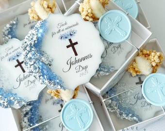 Personlig dopmagnet: Anpassad dopgåva med torkade blommor, Mi Bautizo, religiöst minnesmärke