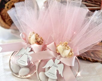 Personalized Baptism Favor: Almond Candy Ring Tulle Bag with Dried Flowers