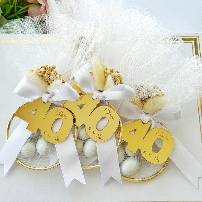 Custom Italian bomboniere favor — handmade with love, featuring tulle bag, sugared almonds, and personalized number charm for birthday celebration.