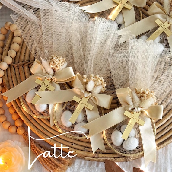 Personalized Baptism Favor – Almond Candy in Ring Tulle Bag, Christening Keepsake Gift