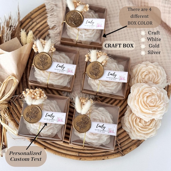 Personalized Sweet 16 Candle Favors: Scented Peony, Custom Label, Bulk Flower Candle, Quinceañera