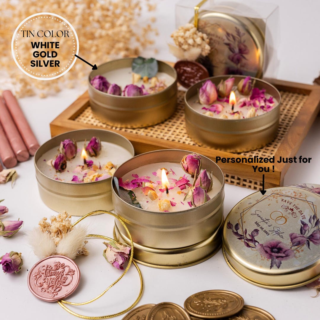 Personalized Soy Wax Tin Candle With Dried Flowers, Orange & Cinnamon ...