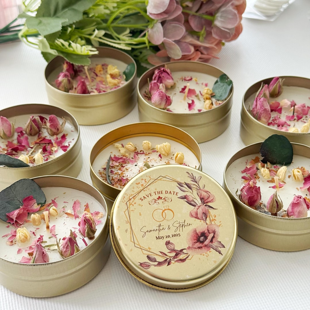Personalized Soy Wax Tin Candle Favor – Dried Flower Orange Cinnamon ...