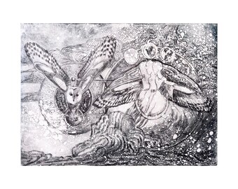 May include: A black and white etching of an owl in flight with a celestial background. The owl is surrounded by swirling clouds and stars. The image is reminiscent of a dream or a mystical vision.