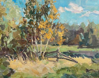 May include: A painting depicting a landscape with trees in the foreground and a blue sky with white clouds in the background. The trees are a mixture of green and yellow, and the ground is a mixture of brown and green.