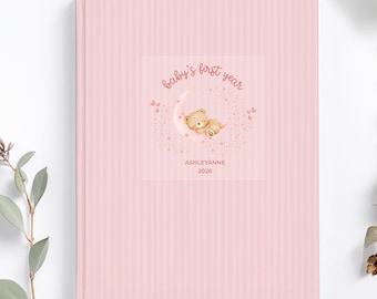Baby's First Year Book, Baby Memory Book, Pink Baby Shower Gifts for Parents, Personalized Journal for newborn with name and year