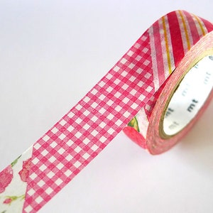 Red Stripe Gingham Floral Washi Tape 15mm Japanese Masking Tape, gift wrapping, packaging, journaling, scrapbooking PrettyTape image 1