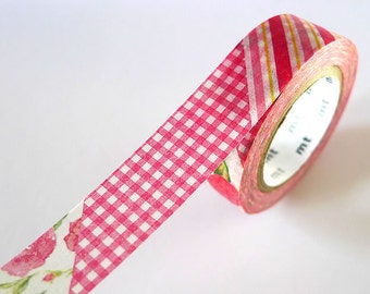 Red Stripe Gingham Floral Washi Tape 15mm Japanese Masking Tape, gift wrapping, packaging, journaling, scrapbooking - PrettyTape