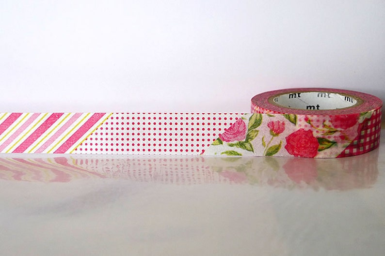 Red Stripe Gingham Floral Washi Tape 15mm Japanese Masking Tape, gift wrapping, packaging, journaling, scrapbooking PrettyTape image 2