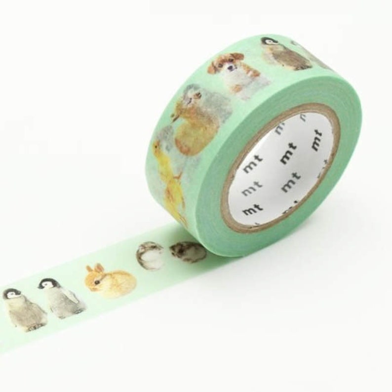 Mint Green Baby Animals Washi Tape mt washi tape Japanese masking tape gift wrapping, scrapbooking, journaling penguin, rabbits, dog EX1P129 image 1