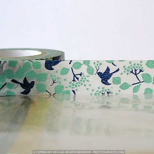 Birds Washi Tape Woodland Navy Teal Bird Tree, Leaves, Japanese Washi Tape Fall Pattern Masking Tape 15mm
