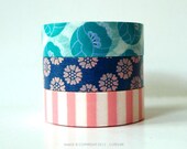 Tulip Washi Tape Set Teal, Blue, Pink Stripe - journaling supplies Japanese floral washi tape Set of 3 PrettyTape