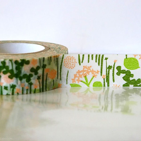 Japanese floral Washi Tape - Little Garden GREEN and PEACH flower floral party decoration gift wrap 15mm