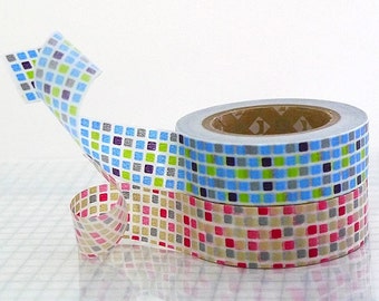 Colorful GRID Japanese Washi Tape - Blue and Red Masking Tapes 15mm Set of 2 MT