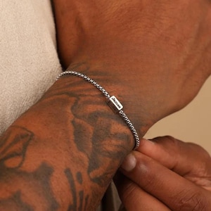 Personalized Engraved Bar Bracelet, Silver Name Bracelet for Men, Anniversary Gift for Him, Link Chain Bracelet for Him, Father&#39;s Day Gift