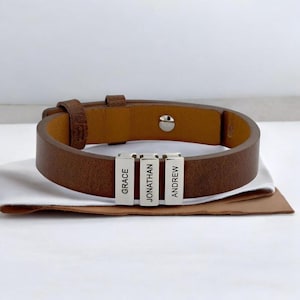 Custom Adjustable Leather Bracelet, Engraved Kids Name Bracelet, Custom Multi Beads Bracelet, Gift For Him Anniversary Gift For Husband, Dad