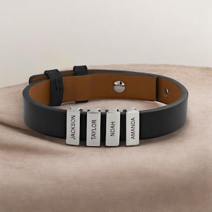 Custom Adjustable Leather Bracelet, Engraved Kids Name Bracelet, Custom Multi Beads Bracelet, Gift For Him Anniversary Gift For Husband, Dad