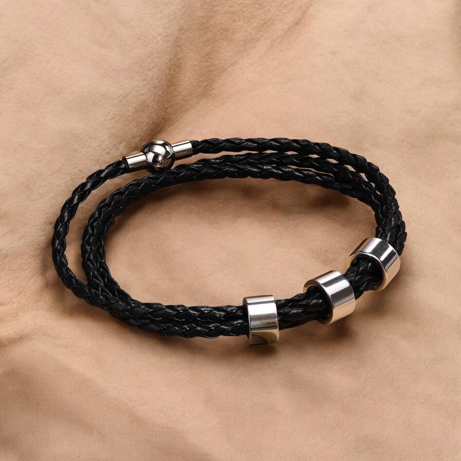 Bracciale Personalizzato Per Uomo In Pelle PU Con Nome Inciso | Regolabile Con Perline In Acciaio Inox | Regalo Per Papà E Fidanzato