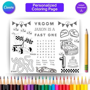Personalized Race Car Birthday,race Birthday Activity,First Birthday Party Favor, Editable Printable for Kids,Car Coloring,Fast One Birthday