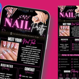 May include: A black and pink digital advertisement for a nail salon, "Nail Pretty Collection," displayed on a smartphone. The ad includes business hours, contact information, and appointment preparation details. The image features nail art examples.